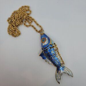 Vintage 3D, Articulated, Cloisonné Koi Fish Necklace